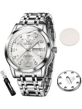 Olevs Men's Silver Dial Diamond Wrist Quartz Stainless Luminous Luxury Watch